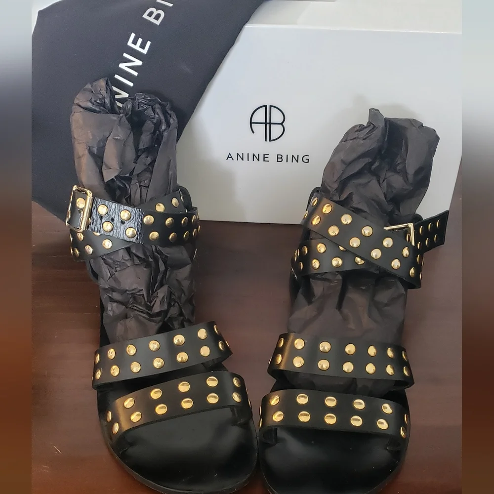 Anine Bing Gia Sandals Black with Gold Studs - Picture 2 of 6